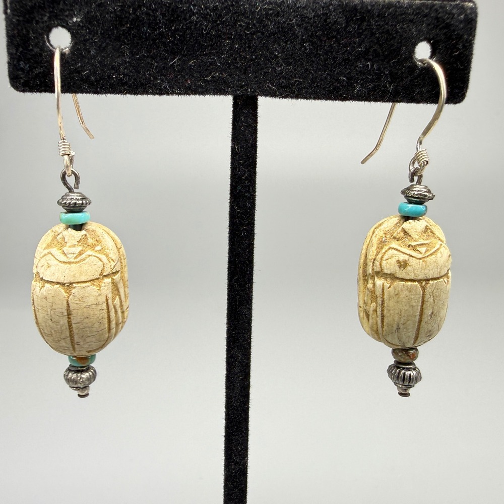 Vintage Scarab Earrings Pierced Sterling Silver Egyptian Revival Cream Blue